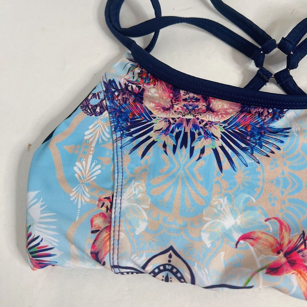 Onzie Blue Tropical Floral Sports Bra Athletic Athleisure Crossover Straps - Picture 2 of 9
